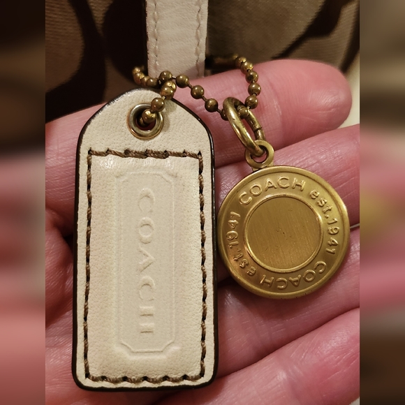 Coach Signature C Shoulder Tote Bag w/ Satin Stripe & Leather Trim 14" X 10" - Picture 5 of 14